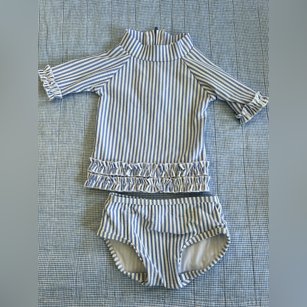 RuffleButts Baby Girl Swim Two Piece Blue Seersucker Frilly Bottoms 3-6 Months